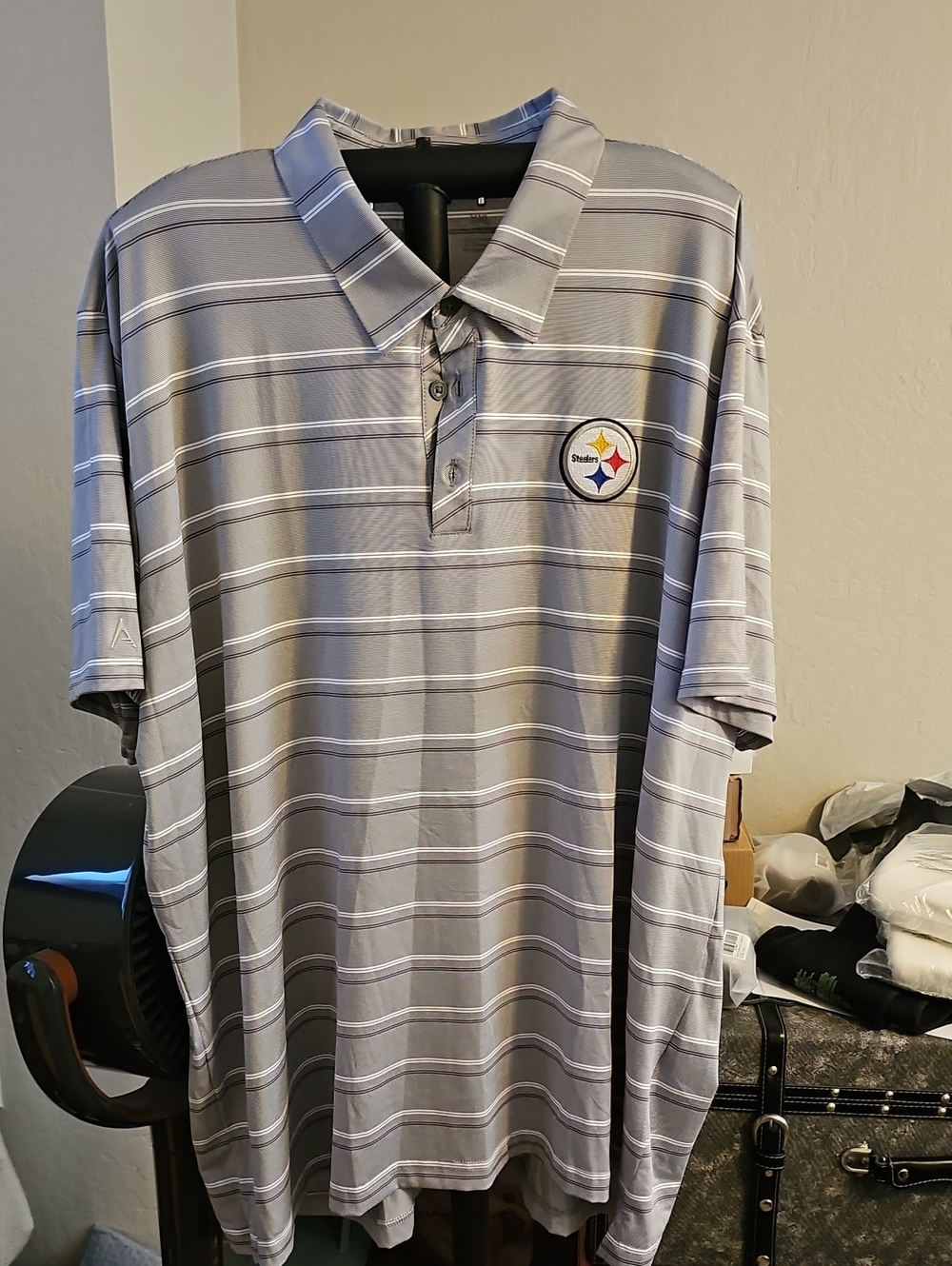 Antigua Men’s Gray Striped Polo with Steelers Crest